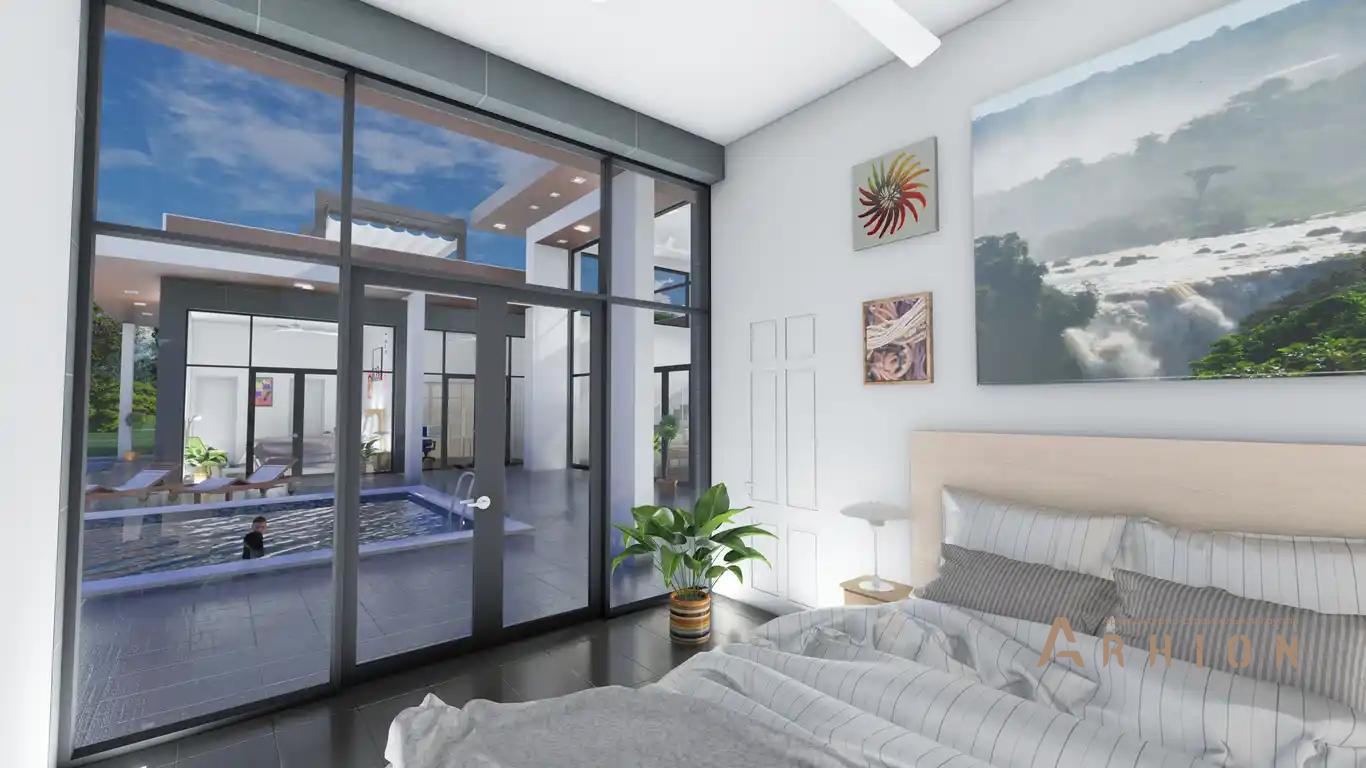 10. Проект двухэтажного дома в стиле хай-тек с плоской кровлей , h-1612, площадью - 545 кв c терассой, балконом, гаражом